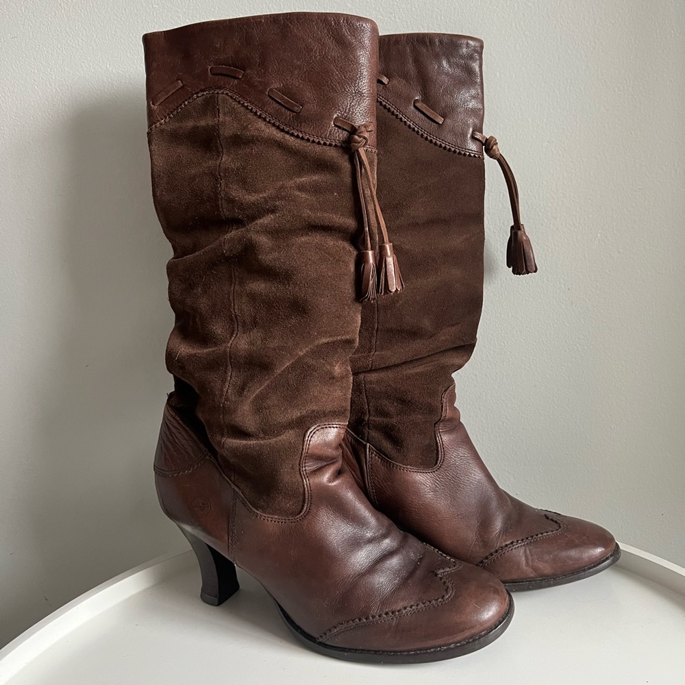 Bronx Suede Leather Tassel Slouchy Scrunched Brown Tall Boots EU Size 40/ - Picture 15 of 16